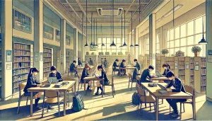 Students in a library studying