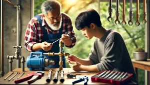 Student on vocational course learning plumbing
