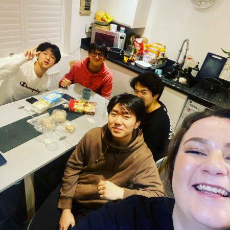 Watching basketball with host family